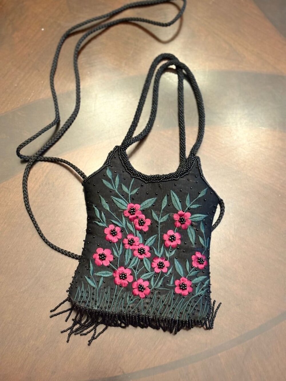 Vintage Black Beaded Fringe Floral Embroidered Mini Crossbody Pouch